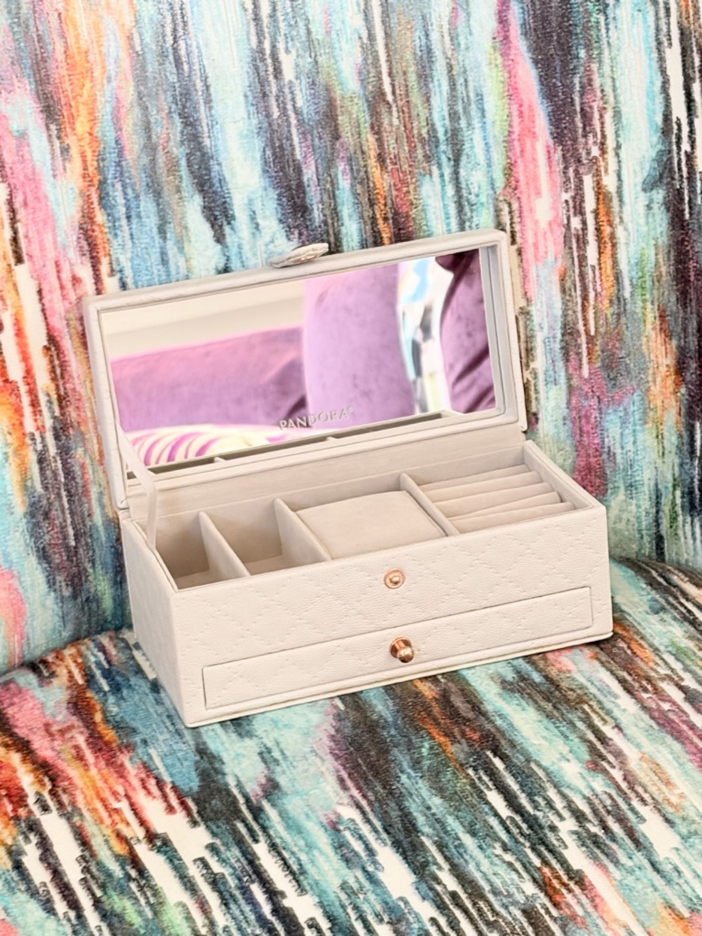 PANDORA Faux Leather Quilted Gray Mirrored Pull Out Drawer Jewelry Box Organizer